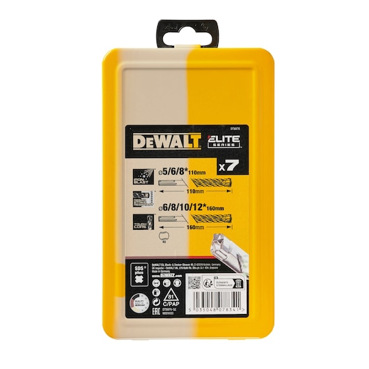 Rear view of a DEWALT Elite Series drill bit set package, SKU DT8976, showing information about the contents including seven SDS plus drill bits in various sizes (5, 6, 8, 10, 12 mm), features and specifications, and branding. The packaging is mostly yellow and beige with black and silver details.