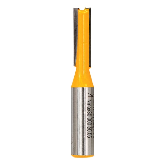 A DEWALT straight router bit with a silver metal shank and a yellow coated body, designed for wood cutting and shaping applications.