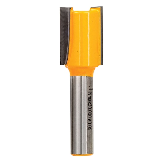 A DEWALT straight router bit with a yellow body and silver shaft, featuring cutting edges on both sides.