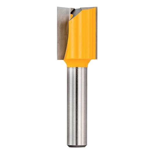 A DEWALT straight router bit with a silver shank and a yellow-coated cutting head, shown against a white background.