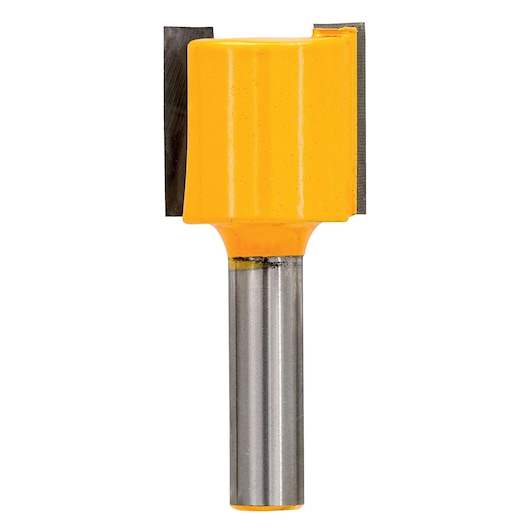 A close-up image of a DEWALT DT90011 straight router bit with a yellow body and metal shank, used for woodworking.