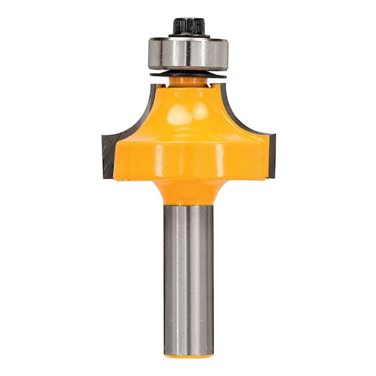 A DEWALT router bit with a yellow-coated body, metal shank, and a bearing at the top, used for woodworking and edge shaping.