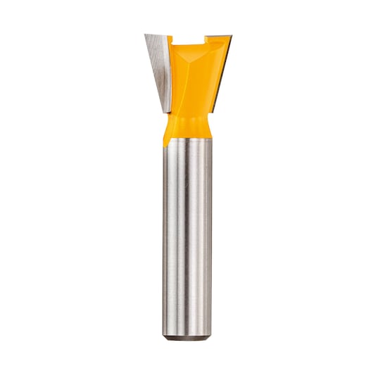 A close-up image of a DEWALT DT90017 dovetail router bit with a silver metallic shaft and a yellow coated cutting head, suitable for woodworking.