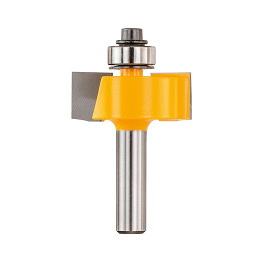 A close-up view of a DEWALT router bit with a yellow body and a metal bearing at the top. The tool is designed for woodworking tasks.