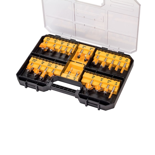 A DEWALT router bit set displayed in an open black plastic case with a transparent lid. The set contains multiple yellow metal router bits, each organized in individual slots and labeled for easy identification.