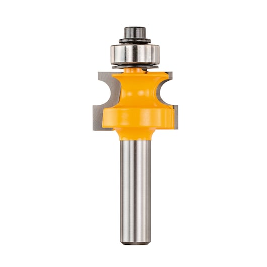 A close-up image of a DEWALT router bit with a yellow body and silver shaft, designed for woodworking.