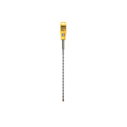 A DEWALT branded long masonry drill bit in its yellow packaging, with a spiral design and metal construction, displayed against a white background.