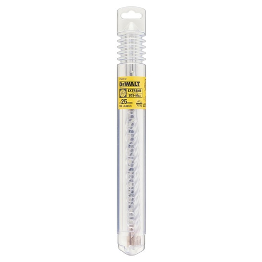 DEWALT SDS-Max drill bit in clear plastic tube with yellow label, 25mm diameter, product DT9424.