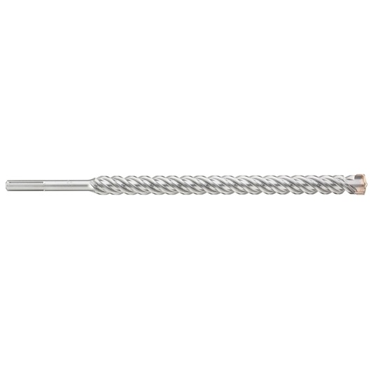 Long, silver masonry drill bit with spiral design and SDS shank, isolated on white background.