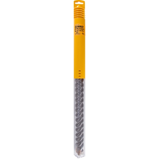 A DEWALT branded drill bit in its packaging, featuring a yellow top section and clear plastic covering the metal bit, designed for use with rotary drills.