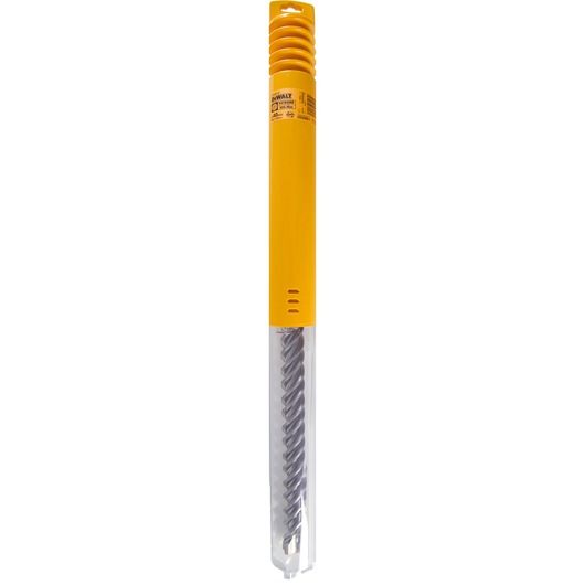 DEWALT drill bit in yellow and clear plastic packaging, upright and isolated on white background.
