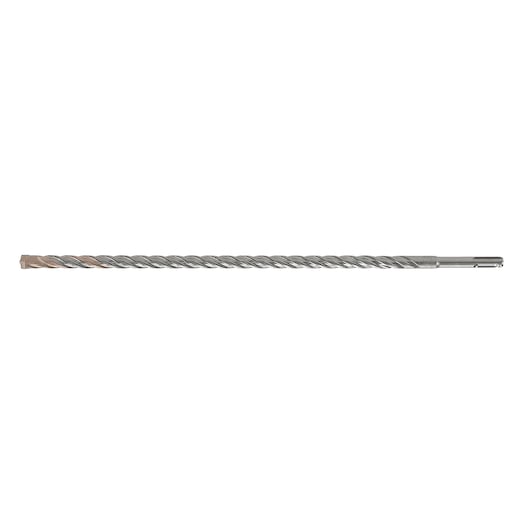 Long, metal SDS drill bit with spiral flutes for masonry drilling, photographed on a white background.