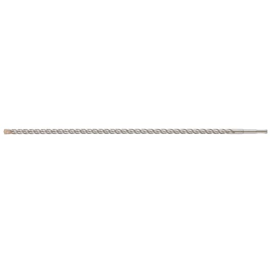 A long, silver DEWALT SDS-Plus masonry drill bit with a spiral flute design, intended for drilling into concrete or stone surfaces.
