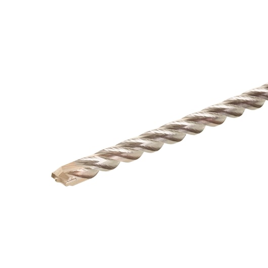 Close-up of a metallic drill bit with spiral grooves, used for drilling in construction and photography tasks.