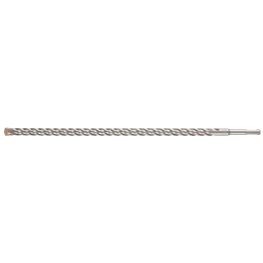 A long, metallic SDS masonry drill bit with a spiral flute and a carbide tip, shown isolated on a white background.
