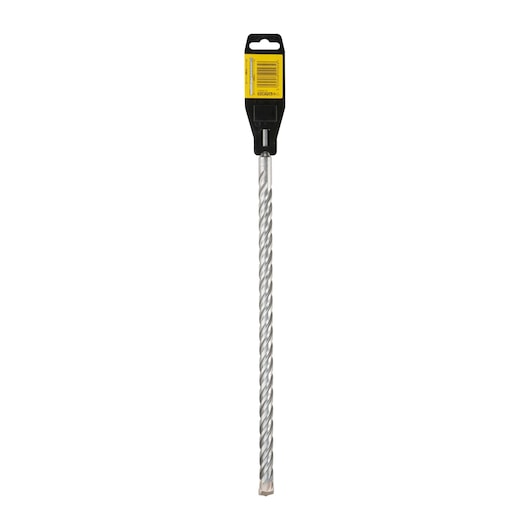 A long, twisted metal drill bit with a yellow and black DEWALT branded packaging attached at the top.
