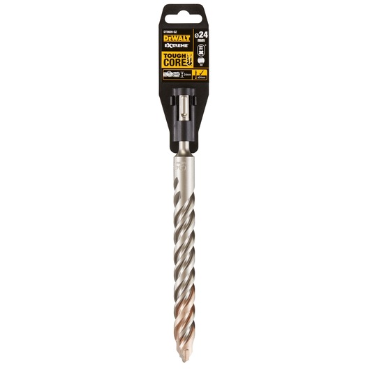 DEWALT DT9609 masonry drill bit with spiral design in retail packaging, 24mm diameter, Extreme ToughCore series.