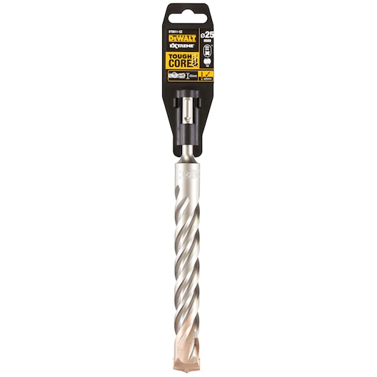 A DEWALT Extreme Tough Core drill bit for masonry with a diameter of 25mm, shown in its retail packaging.