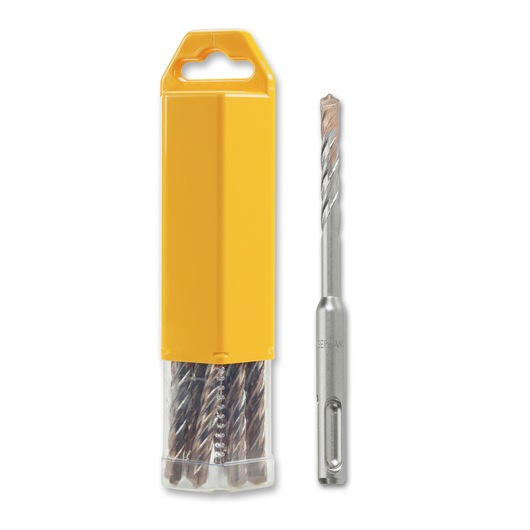 DEWALT drill bit with yellow storage case, bits visible in transparent section, one bit displayed outside.