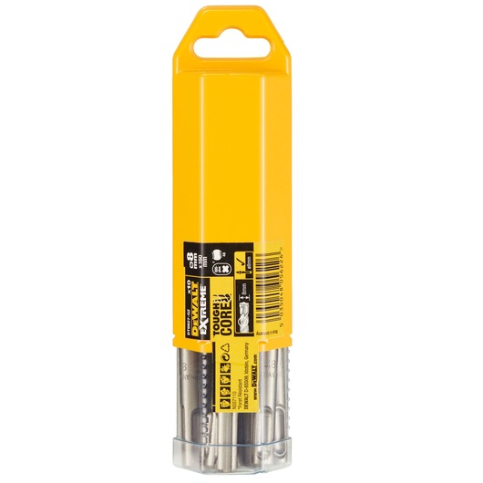 Pack of DEWALT DT9827 drill bits in a yellow plastic case with a hanging hole at the top, visible product label with specifications, and several metal drill bits stored in the bottom compartment.