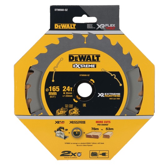 DEWALT Extreme circular saw blade in its packaging, model DT99560-QZ, featuring 165 mm diameter, 24 teeth, and designed for XR Flexvolt and Extreme Runtime performance. The packaging is yellow and black and displays specifications, usage illustrations, and product benefits.