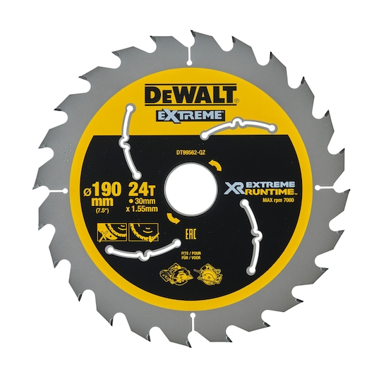 DEWALT Extreme XR 190 mm circular saw blade with 24 teeth, 30 mm bore, and 1.55 mm thickness, designed for high performance and extended runtime; blade features black and yellow design with detailed specifications printed on the surface.
