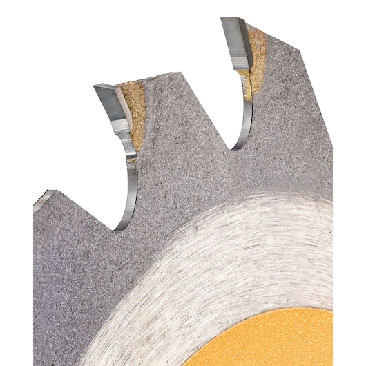 Close-up view of a DEWALT circular saw blade segment, showing sharp teeth and metallic surface.