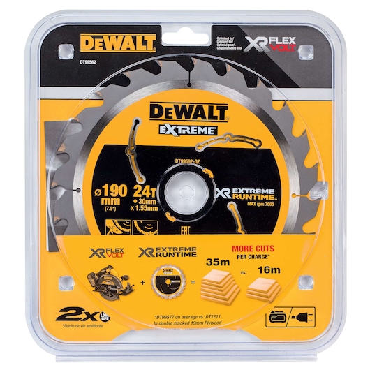 Packaged DEWALT circular saw blade, model DT99562, featuring 24 teeth and a 190mm diameter. Designed for XR FLEXVOLT and labeled 'Extreme Runtime,' suitable for high performance cutting applications.