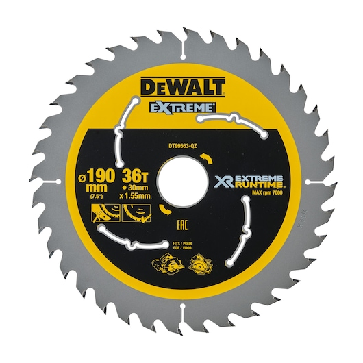 DEWALT Extreme XR Runtime circular saw blade, model DT99563, with 190 mm diameter, 36 teeth, and 30 mm bore. Features yellow and black design with technical specifications and branding visible.