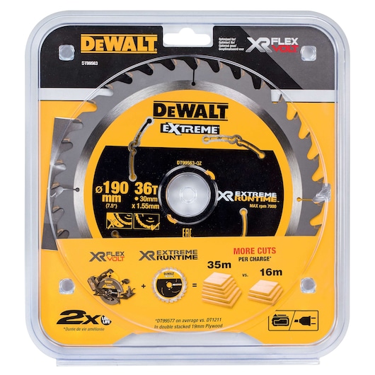 DEWALT XR FLEXVOLT Extreme Runtime circular saw blade in original packaging. The blade has a diameter of 190 mm, 36 teeth, a 30 mm bore, and a thickness of 1.55 mm. Packaging highlights increased runtime and more cuts per charge compared to standard blades.