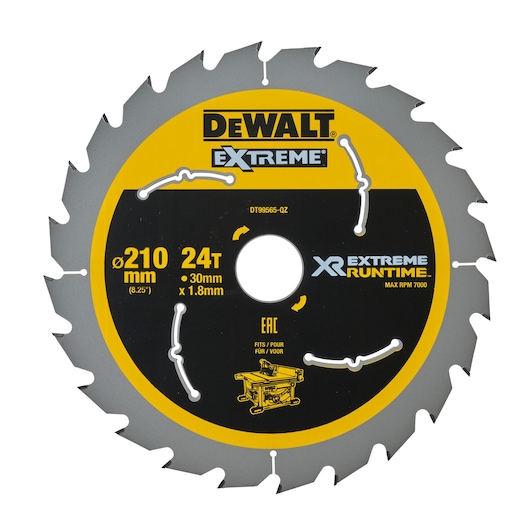 DEWALT Extreme XR Runtime circular saw blade, model DT99565, with 24 teeth, 210 mm diameter, 30 mm bore, and 1.8 mm thickness, suitable for table saws.