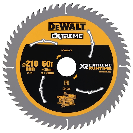 DEWALT EXTREME circular saw blade, model DT99567, with 210mm diameter, 60 teeth, 30mm arbor, and 1.8mm thickness. Designed for XR EXTREME RUNTIME with a maximum speed of 7000 RPM. The blade is silver and yellow with product markings.