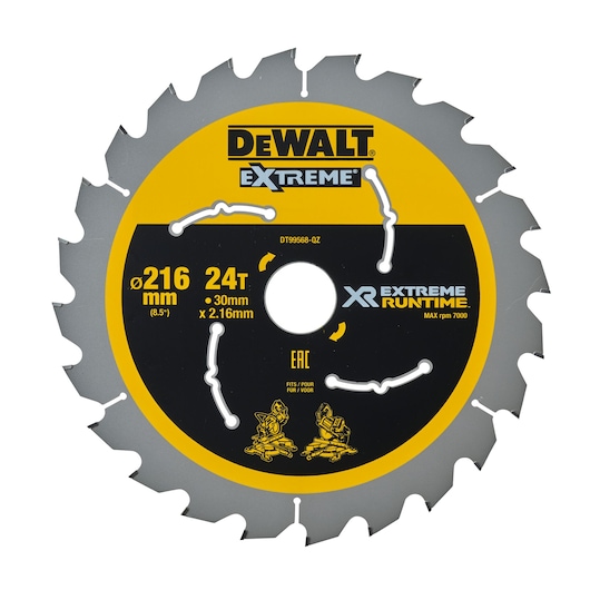 A DEWALT Extreme XR Runtime circular saw blade for woodworking, model DT99568, with 24 teeth, 216mm diameter, 30mm bore, and 2.16mm width. The blade has a yellow and black design with specifications and illustrations for compound mitre saws and table saws.
