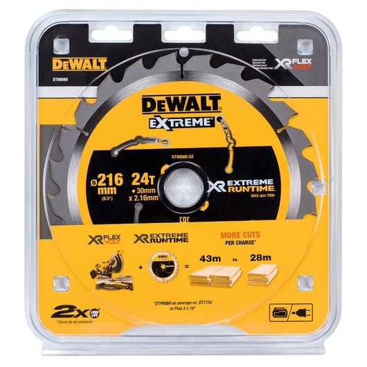 DEWALT Extreme saw blade DT99568 in retail packaging. The blade is 216 mm diameter, has 24 teeth, 30 mm bore, and 2.16 mm thickness. The packaging highlights XR FlexVolt and XR Extreme Runtime technology, claiming improved longevity and more cuts per charge. Recommended for woodworking.