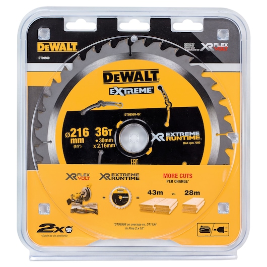 DEWALT branded circular saw blade in retail packaging. The blade features 216 mm diameter, 36 teeth, and is designed for extreme runtime and longevity. Packaging highlights compatibility with XR Flexvolt and shows performance comparisons for cut length per charge.