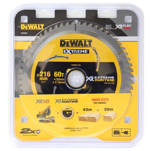 DEWALT XTREME saw blade in retail packaging. The blade is 216 mm (8.5 inches) in diameter, 60 teeth, 30 mm bore, and 2.16 mm thickness. Features XR FLEXVOLT and XR EXTREME RUNTIME branding. Packaging shows performance comparison of more cuts per charge, and icons for improved blade life.