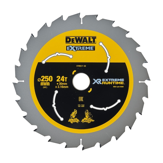 DEWALT Extreme XR 250mm circular saw blade with 24 teeth, model DT99571, shown front-facing. The blade features yellow and black branding and is designed for extended runtime.