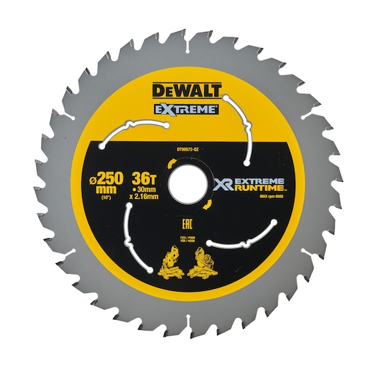 A DEWALT Extreme XR Runtime circular saw blade with 36 teeth, 250mm diameter, and 30mm bore. The blade is primarily gray with a yellow and black label detailing specifications and branding.
