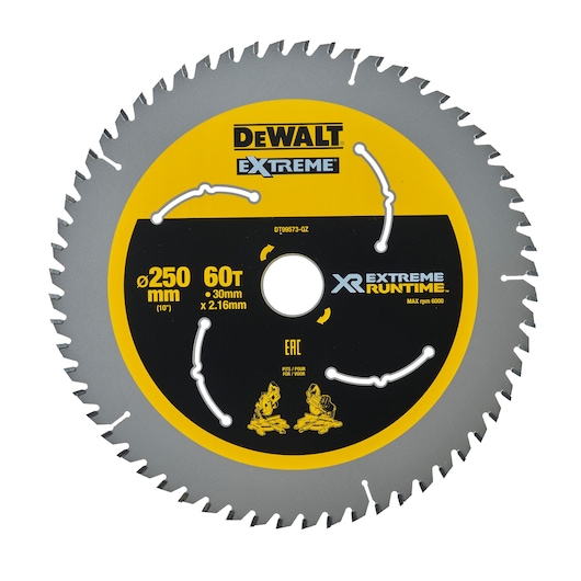 DEWALT DT99573 Extreme XR saw blade with 250 mm diameter, 60 teeth, and 30 mm x 2.16 mm specifications, suitable for high-performance cutting applications, featuring branding and technical details on the blade.