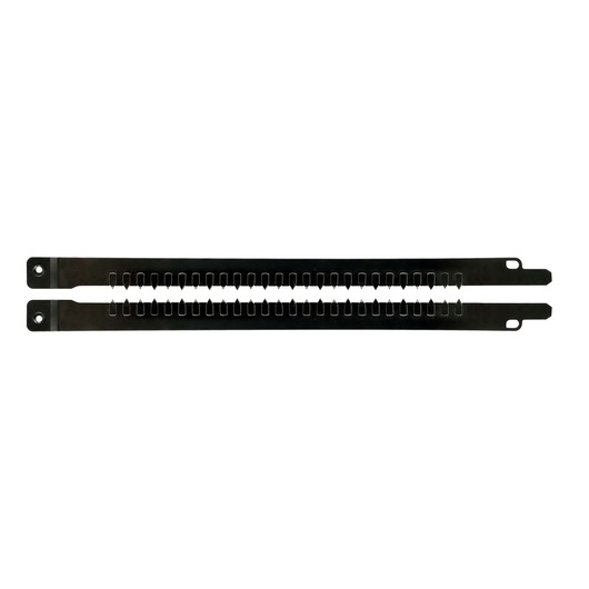 Two black DEWALT metal strips with evenly spaced slots, laid side by side on a white background.