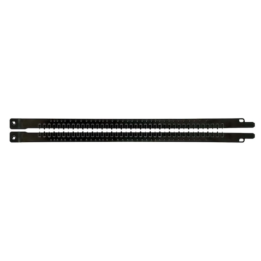 Two black DEWALT saw blade strips with teeth, positioned horizontally on a white background.