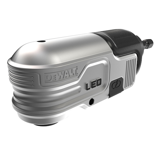 A DEWALT LED tool with a metallic and black finish, featuring a compact design and a visible power button.