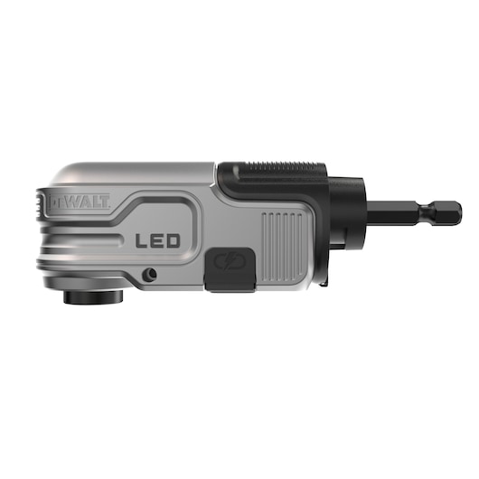 DEWALT LED right angle drill attachment with metal body and bit holder, photographed on white background.