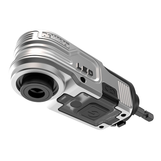 Close-up of a DEWALT LED tool with a silver and black design, showing button and bit holder.