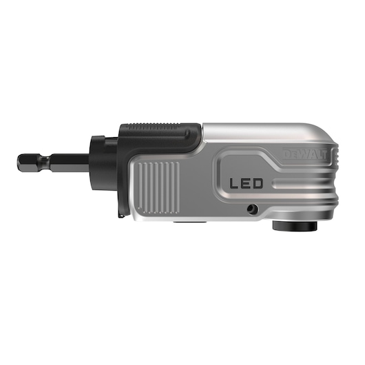 DEWALT right-angle LED tool attachment, silver and black, viewed from the side on a white background.
