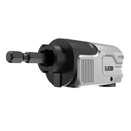 DEWALT right angle drill attachment with LED light, shown close-up against a white background.