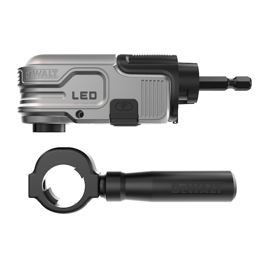 DEWALT right angle drill attachment with LED indicator and removable handle shown side by side.