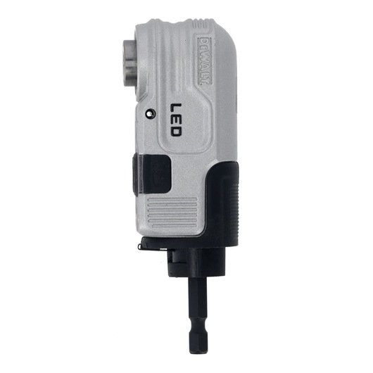 DEWALT right angle drill attachment with LED, silver and black, shown upright on white background.