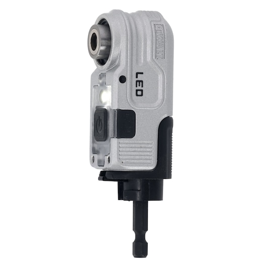 DEWALT right angle attachment for drills with LED light, silver and black, close-up view.