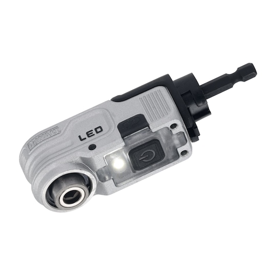 DEWALT right angle drill attachment with LED light and power switch, shown in close-up on white background.